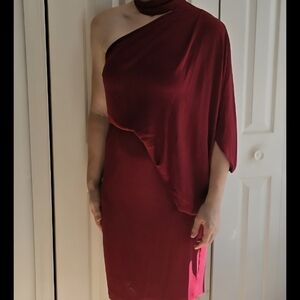 Halston Heritage One-Shoulder Draped Burgundy Cocktail Dress